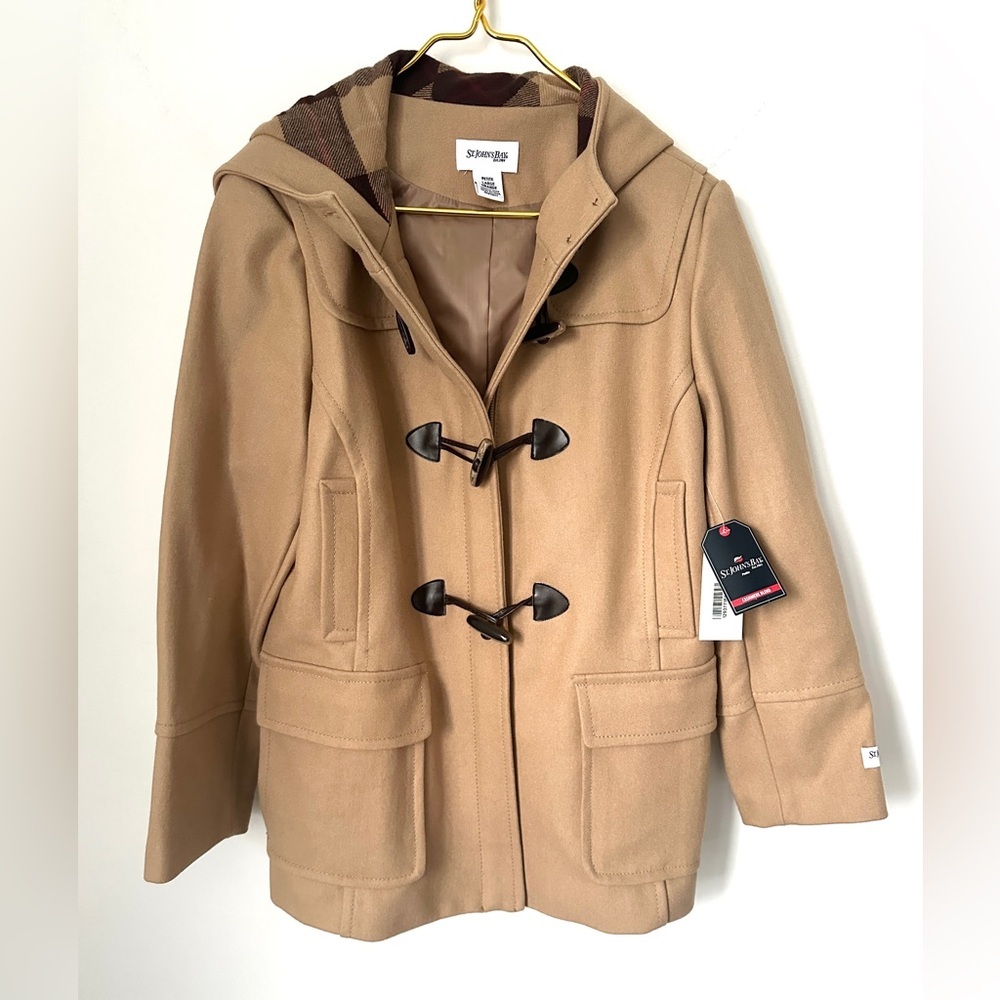 NWT St. John’s Bay Tan Wool Cashmere Blend Zip Toggle Jacket Coat Petite Large - Picture 1 of 8
